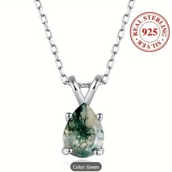 Moss Agate Necklace 925 Silver Pear Shaped Stone NWT - Picture 3 of 4